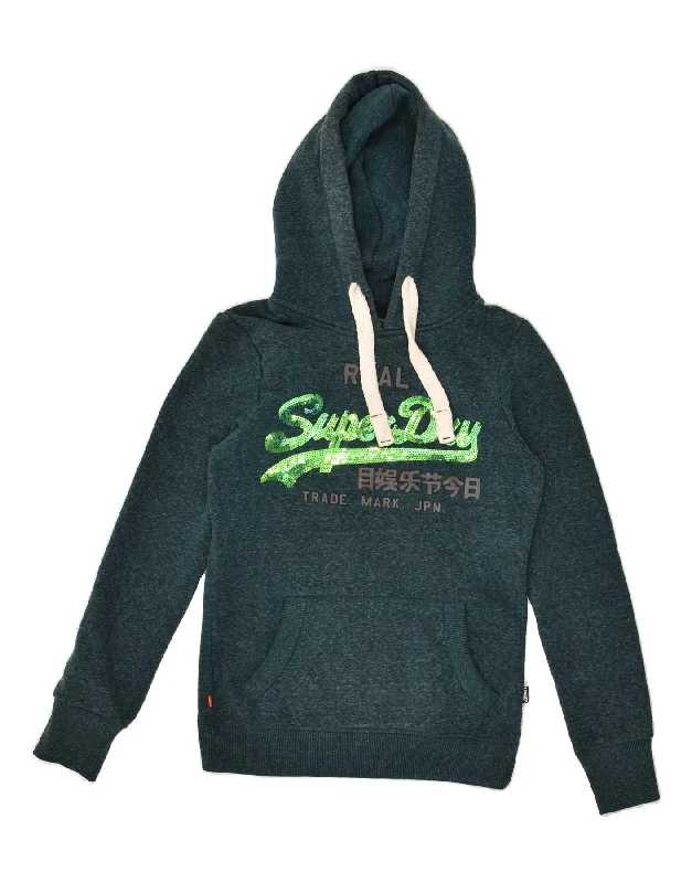 Midnight Sale SUPERDRY Womens Graphic Hoodie Jumper UK 6 XS  Green Flecked Cotton