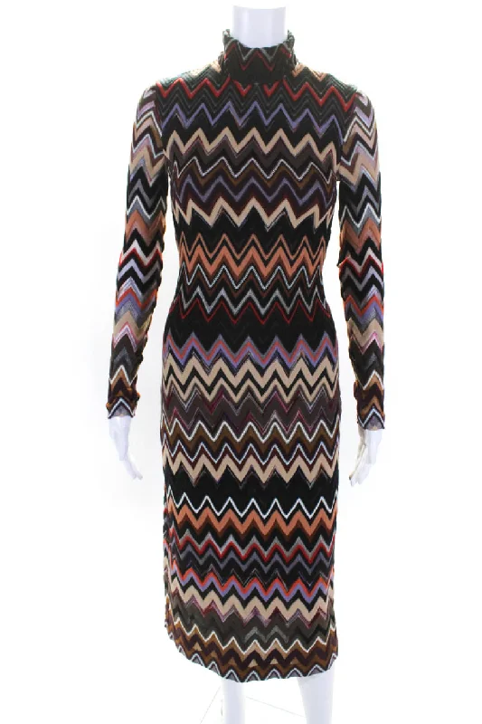 Super Deal Missoni Womens Chevron Knit Turtleneck Long Midi Sheath Dress Beige Brown IT 36