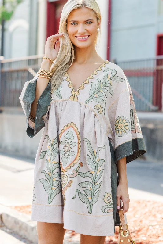 Hot Deal Just My Type Beige Floral Embroidery Babydoll Dress