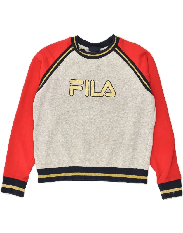 Mega Deal FILA Womens Graphic Sweatshirt Jumper UK 6 XS Grey Colourblock Cotton