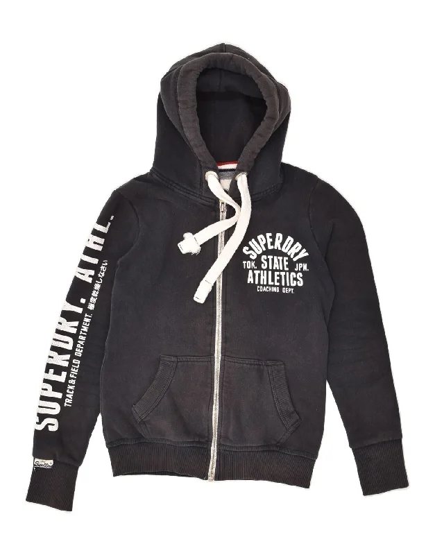 Can't Be Beat SUPERDRY Womens Graphic Zip Hoodie Sweater UK 6 XS Black Cotton