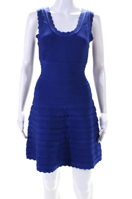 Epic Deals Herve Leger Womens Back Zip Scoop Neck Scalloped Jules Dress Blue