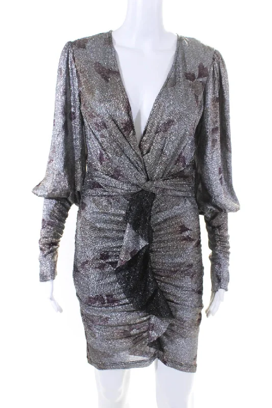 Price Buster Ba&Sh Womens Metallic Ruffled Long Sleeve Ruched Side Zipped Dress Silver