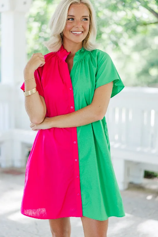 Bonus Savings Speak Up Fuchsia/Green Colorblock Dress