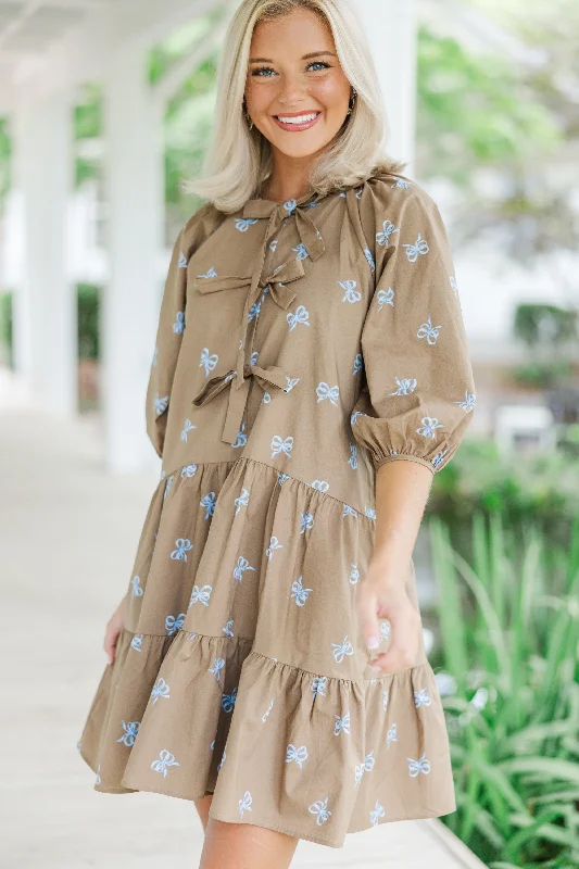 Best Bargains Start Your Day Brown Bow Print Dress