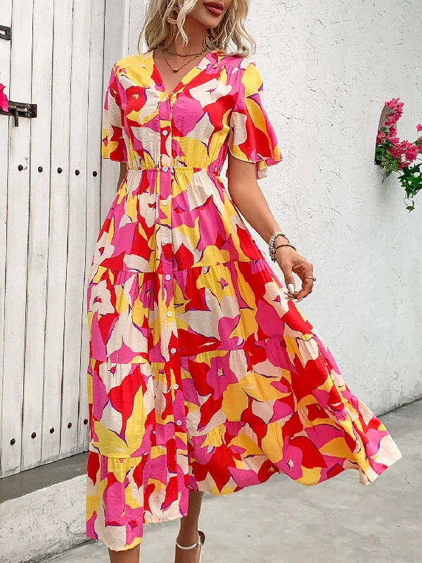 Daily Specials Printed V-Neck Flutter Sleeve Midi Dress