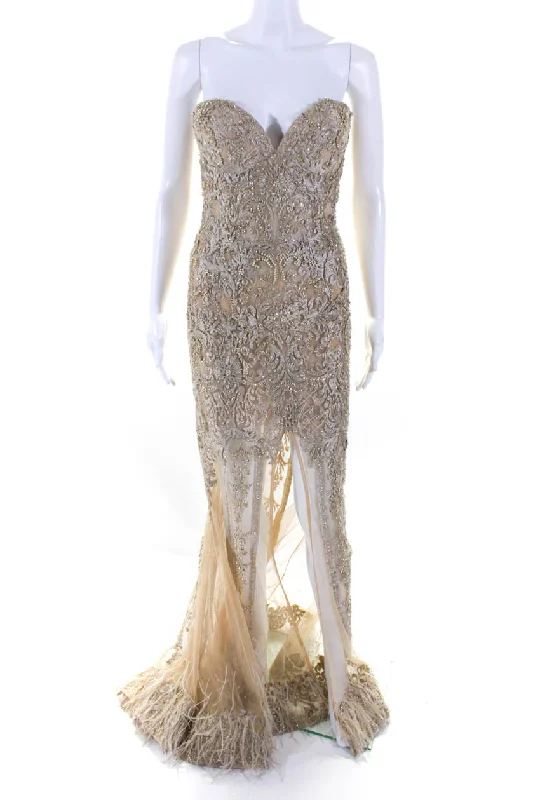 Markdown Madness O'Blanc Womens Embroidered Beaded Sweetheart Neckline Strapless Gown Tan