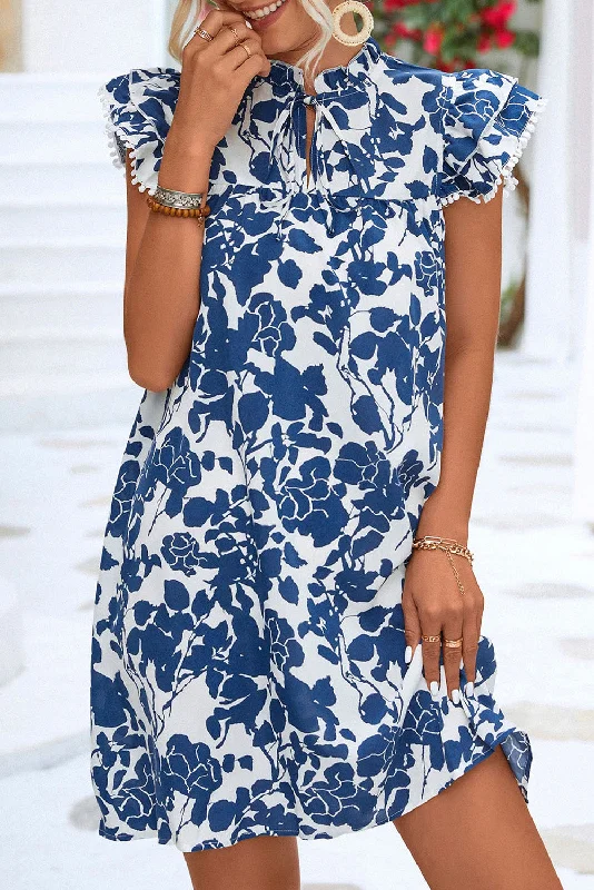Special Promotion Ruffled Printed Tie Neck Cap Sleeve Mini Dress