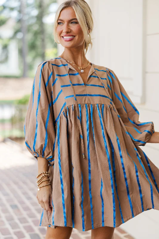 Savings Spectacular On My Heart Mocha Brown Striped Babydoll Dress