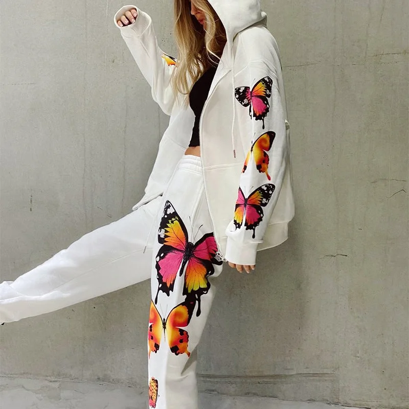 Discount Deals Butterfly Print Hooded Casual Sweatshirt Set For Women CD604