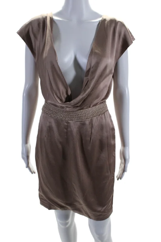 One-DAY Sale Zac Posen Womens Side Zip Short Sleeve V Neck Silk Shift Dress Brown