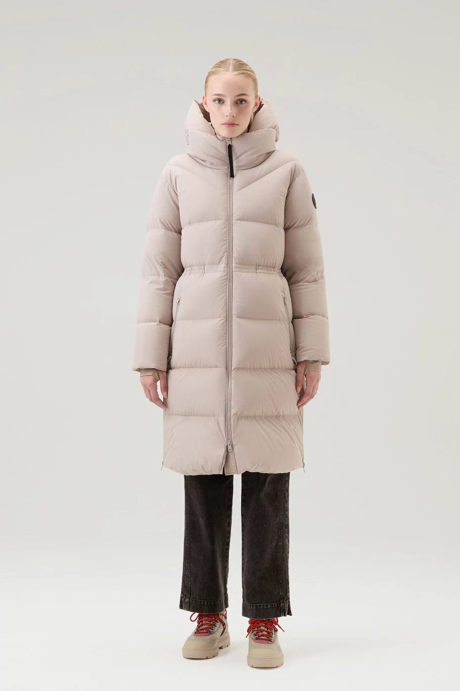Clearance Event Beige Long Down Parka in Stretch Nylon with Detachable Hood