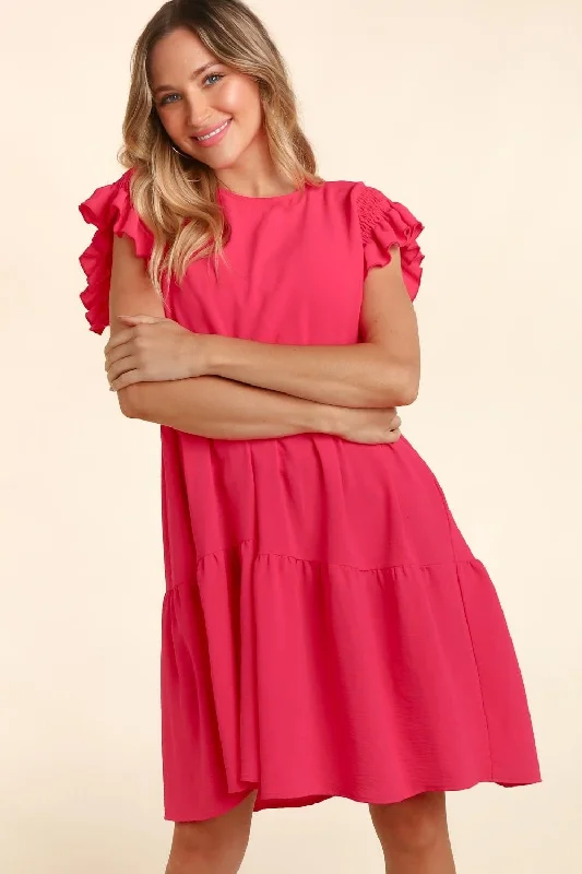 Act Now Haptics Full Size Smocking Ruffle Short Sleeve Dress with Pockets