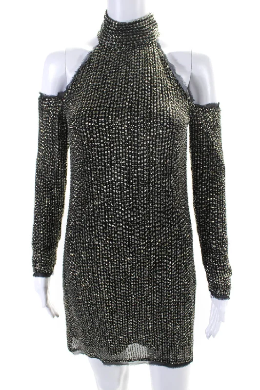 Value Deals Rachel Zoe Womens Black Beaded Halter Cold Shoulder Long Sleeve Mini Dress