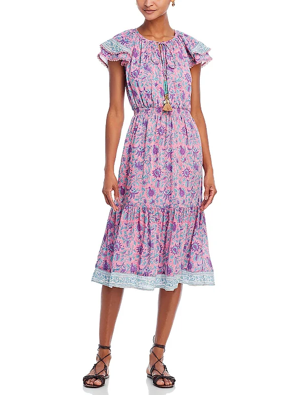Best Bargains Eva Womens Cotton Tie neck Midi Dress