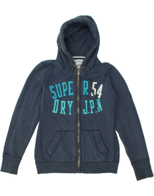 Epic Deals SUPERDRY Womens Graphic Zip Hoodie Sweater UK 12 Medium Navy Blue Cotton