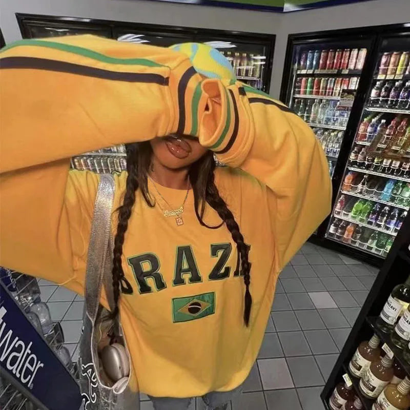 Savings Event Lunivop 2000s New Women Autumn Brazil Flag Yellow Oversized Hoodies Aesthetic Long Sleeve Pullover Top Vintage Y2k Sweatshirt Streetwear