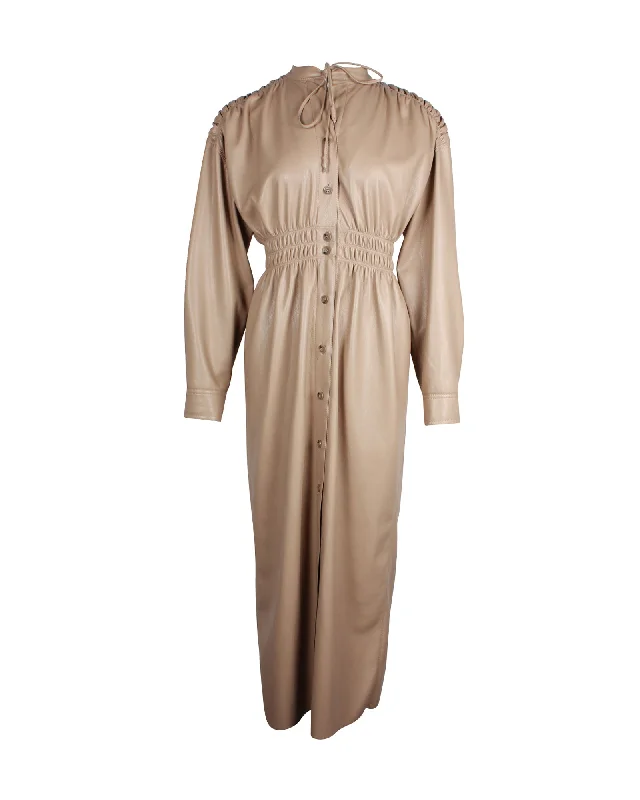 Discount Extravaganza Nanushka Jayce Ruched Midi Dress in Light Brown Faux Leather