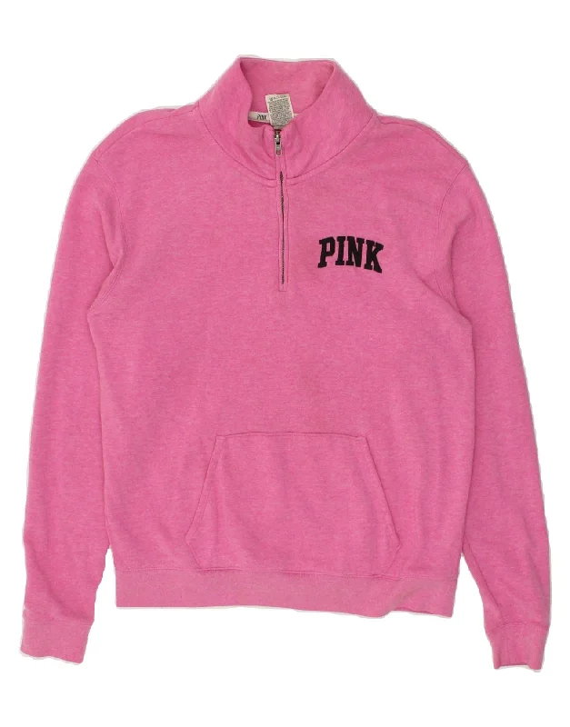 New Deals PINK Womens Loose Fit Zip Neck Sweatshirt Jumper UK 10 Small Pink Cotton