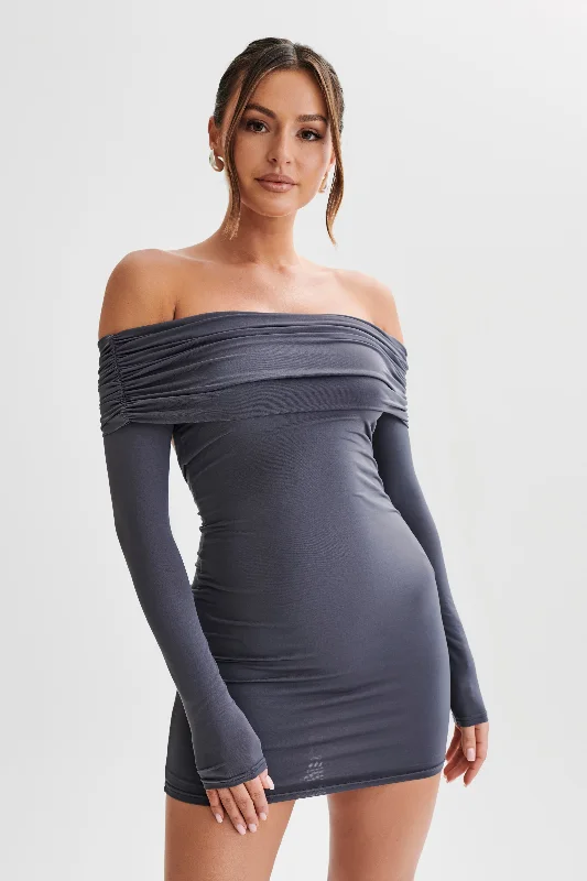 Hot Deal Nicky Off Shoulder Slinky Mini Dress - Charcoal