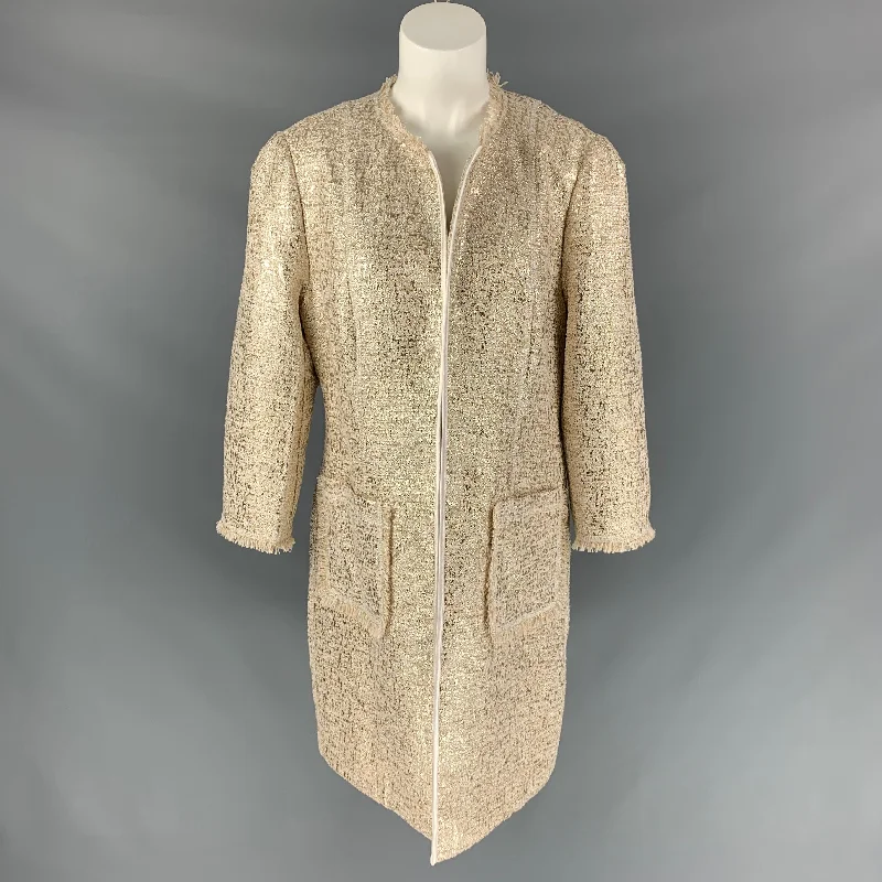 Markdowns NEIMAN MARCUS Size L Gold & Cream Polyester Blend Tweed Coat