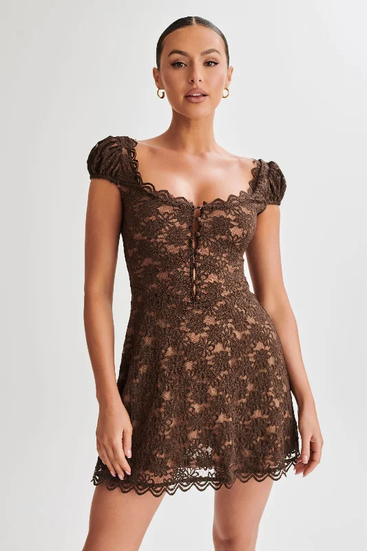 Get It Before It’s Gone Temperance Lace A-Line Mini Dress - Chocolate