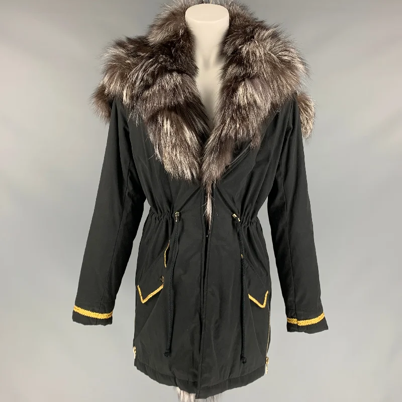 Act Now SILVIAN HEACH Size XS Black Nylon Blend Fox Fur Trim Hooded Coat