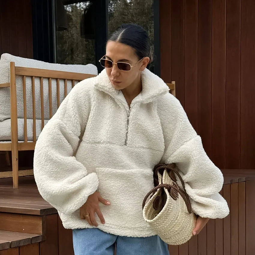 Price Reduction Lunivop Lamb Wool Sweatshirts for Women Elegant Long Sleeve Warm Pullovers Autumn Winter Casual Loose Basic Tops 2024 Beige
