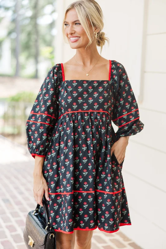 Don’t Miss Out Want It All Black Floral Babydoll Dress