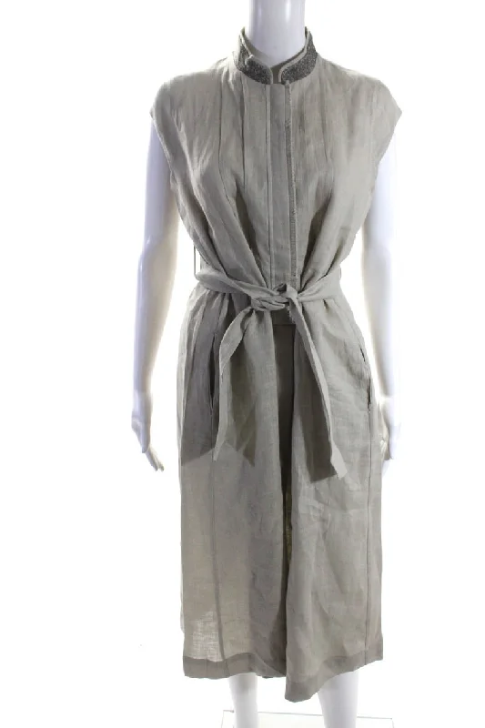 Don’t Miss Out Tonet Womens Linen Zip Up Fringe Edge Belted Shift Dress Light Gray