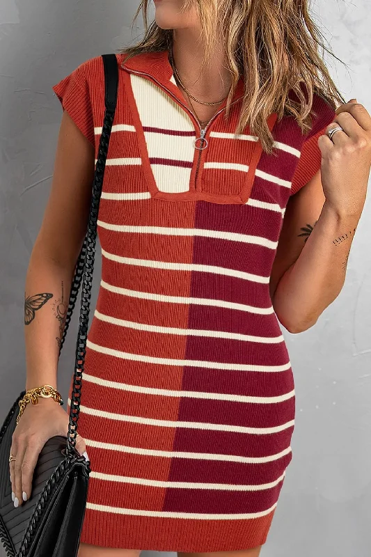 Limited Time Offer Striped Quarter Zip Cap Sleeve Sweater Dress
