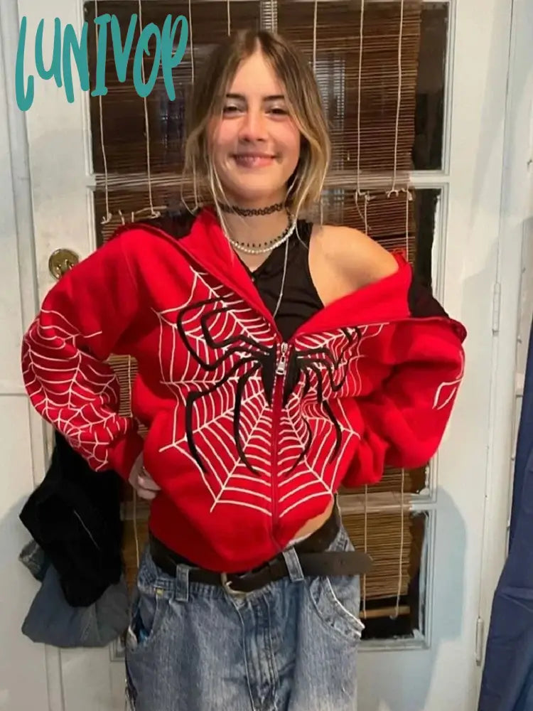 Savings Spectacular Lunivop Y2k Emo Women Streetwear Hoodie Spider Web Red Zip Up Hoodies Grunge Oversized Sweatshirt Gothic Harajuku Alt Jackets Clothes