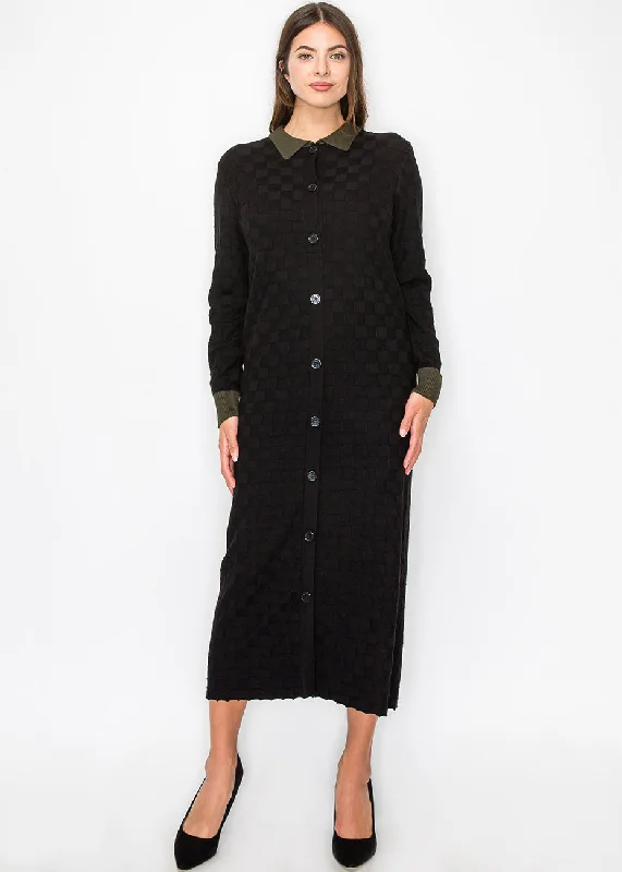 Can't Be Beat Black Knit Midi Dress with Olive Trim