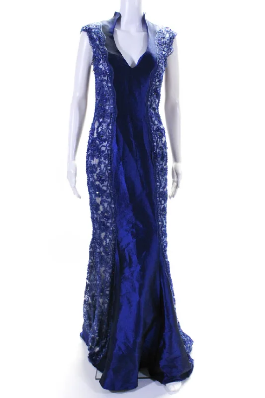 Online Specials Mac Duggal Womens Back Zip Sleeveless Lace Beaded V Neck Gown Blue