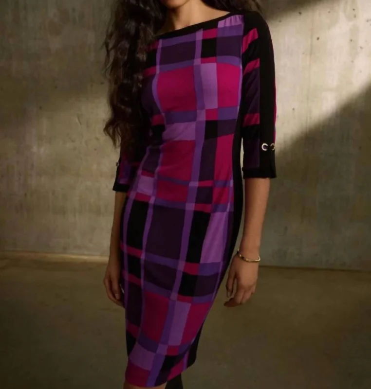 Crazy Savings Silky Knit Plaid Print Sheath Dress In Purple Black