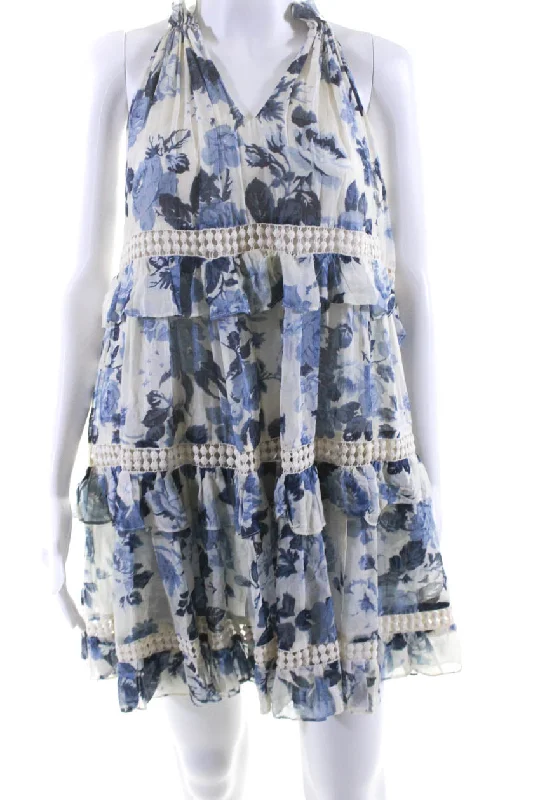 Instant Discount Zimmermann Womens Silk Floral Print Halter Neck Tiered Mini Dress Ivory