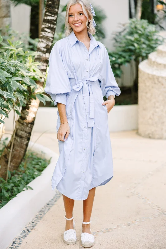 Limited Time See You There Light Blue Button Down Midi Dress