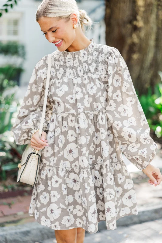 Bargain Bin Be Your Best Taupe Brown Floral Babydoll Dress