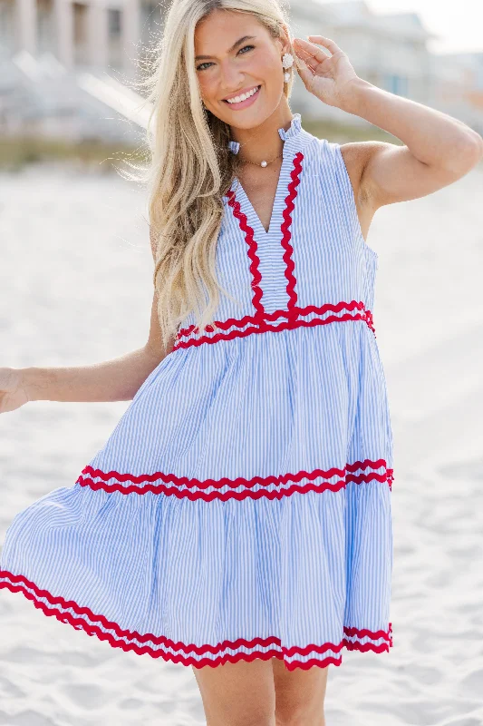 Limited Time Discount Passing Time Light Blue Striped Dress
