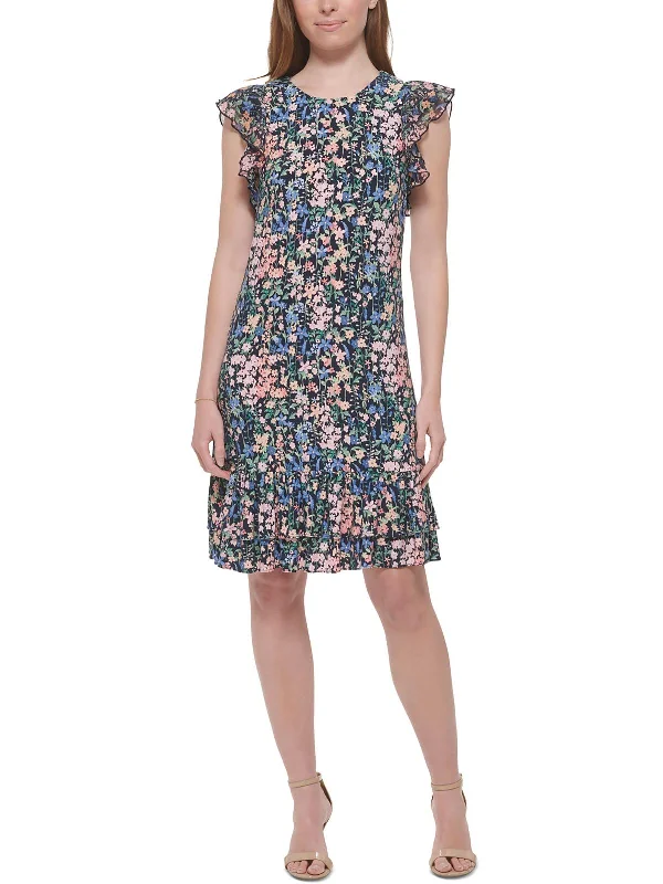 Bargain Bin Petites Womens Floral Print Polyester Mini Dress