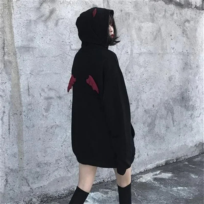 Price Break Lunivop Autumn Korean Black Demon Wing Letter Sweatshirts Women Hip Hop High Street Y2k Vintage Hooded Grunge Sudadera Mujer Harajuku