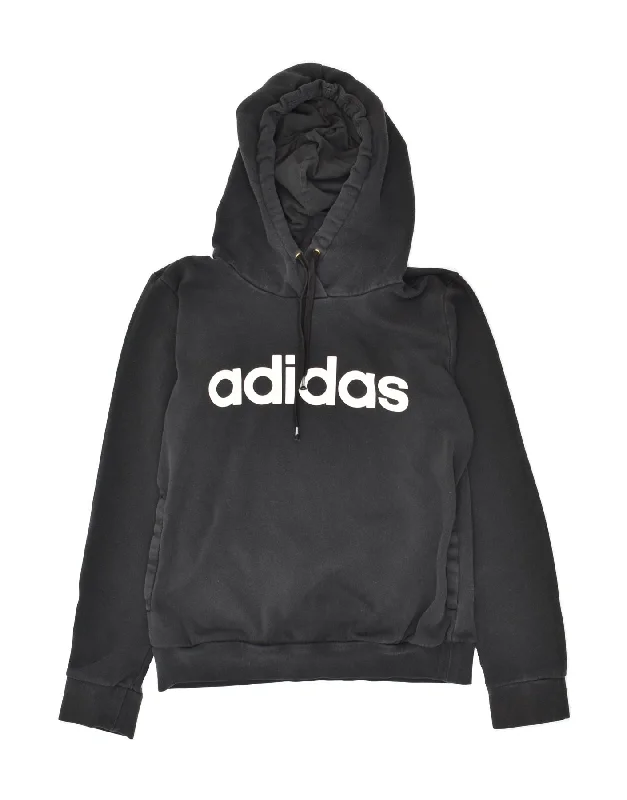 Price Reduction ADIDAS Womens Graphic Hoodie Jumper UK 8/10 Small Black Cotton
