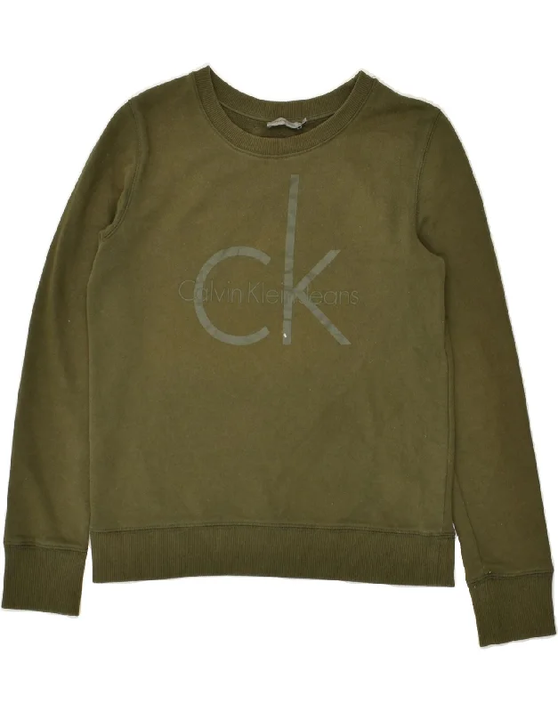 Discount Days CALVIN KLEIN Womens Graphic Sweatshirt Jumper UK 14 Medium Khaki Cotton