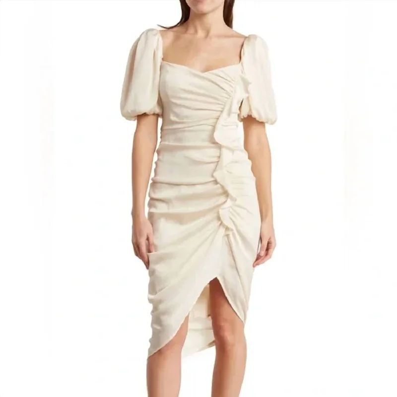 Warehouse Sale Emma Ruched Bubble Sleeve Midi Dress In Ivory