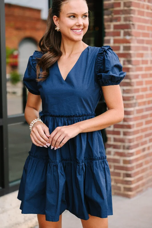 Markdown Madness Sugarlips: Never Going Back Navy Blue Ruffled Dress