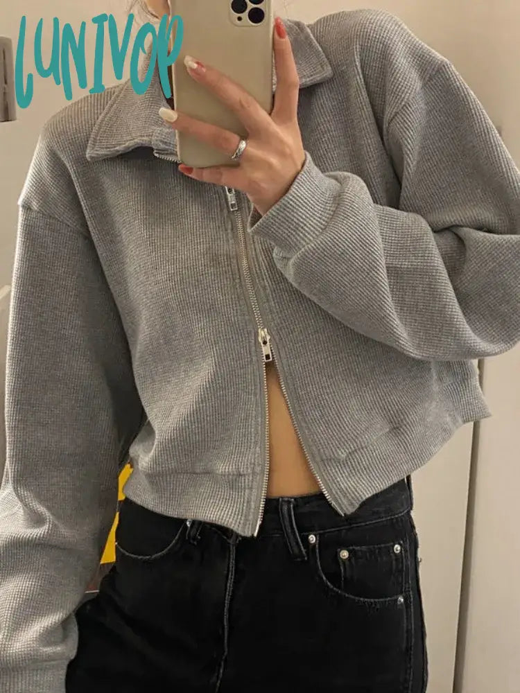 Bargain Bin Lunivop Korean Style Zip Up Crop Sweatshirts Women Harajuku Fashion Solid Hoodies Casual Aesthetic Loose Long Sleeve Top Autumn