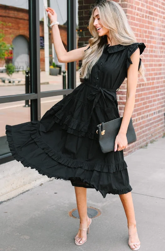 Customer Appreciation Sale On The Verge Black Ruffled Midi Dress