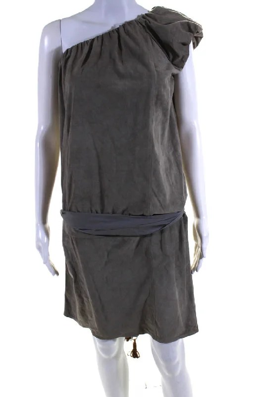 Massive Deals Brunello Cucinelli Womens Silk One Shoulder Belted Dress Gray