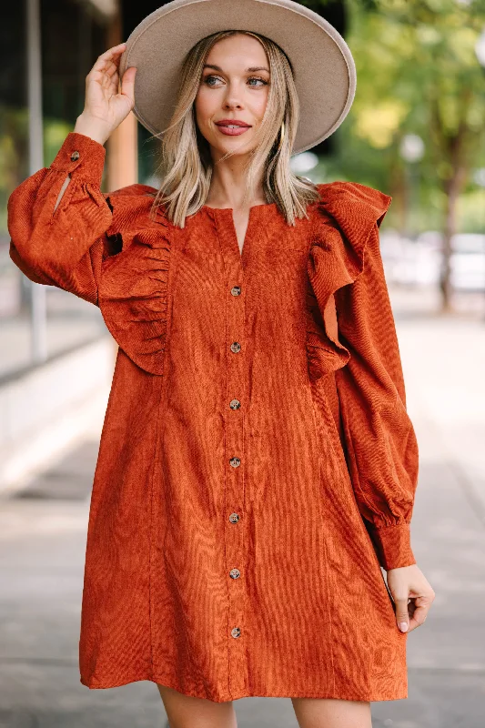 Limited Availability Never Too Late Cinnamon Orange Corduroy Dress