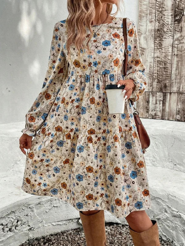 Value Deals Tiered Floral Round Neck Long Sleeve Dress